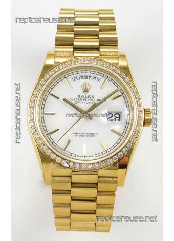 Rolex Day Date 128348 Yellow Gold White Dial Diamonds Bezel Super Clone Watch 