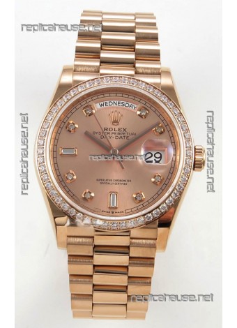 Rolex Day Date 128345 Rose Gold Diamonds Dial Super Clone Watch 