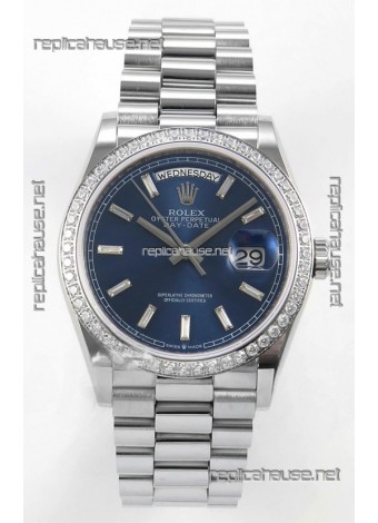Rolex Day Date 128349 Stainless Steel Blue Crystal Dial Super Clone Watch 