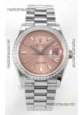 Rolex Day Date 128349 Stainless Steel Pink Crystal Dial Super Clone Watch 