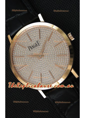 Piaget Altiplano G0A36128 Paved Diam Dial Swiss Quartz Replica Watch in Pink Gold Case