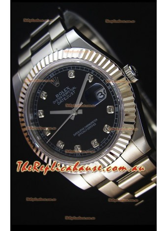 Rolex Datejust II 41MM with Cal.3136 Movement Swiss Replica Watch in Black Dial Diamonds Markers
