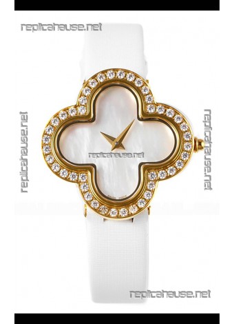 Van Cleef & Arpels Alhambra Yellow Gold Diamonds Bezel Pearl Dial Watch 
