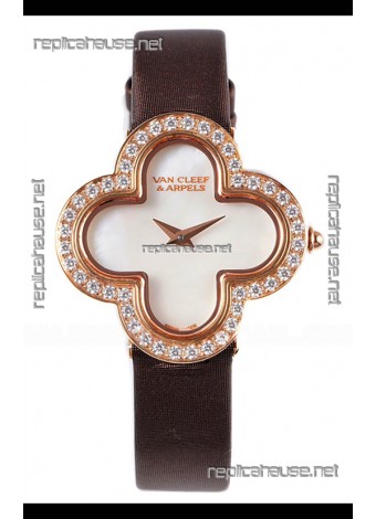 Van Cleef & Arpels Alhambra Rose Gold Diamonds Bezel Black Strap Watch 