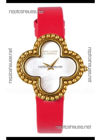 Van Cleef & Arpels Alhambra Yellow Gold Red Strap Watch 