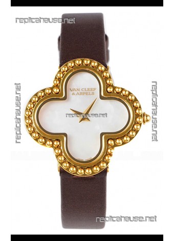 Van Cleef & Arpels Alhambra Yellow Gold Brown Strap Watch 