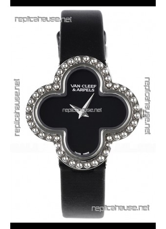 Van Cleef & Arpels Alhambra Stainless Steel Black Strap Watch 