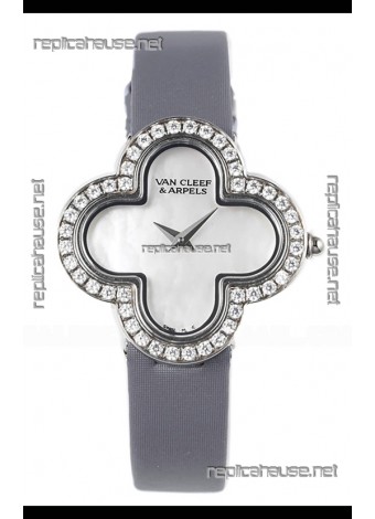 Van Cleef & Arpels Alhambra Stainless Steel Diamonds Bezel Grey Strap Watch 
