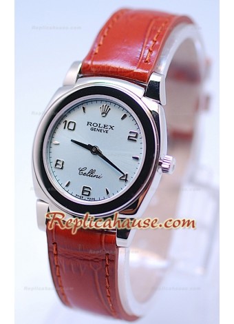 Rolex Cellini Cestello Ladies Swiss Watch Silver Face Brown Strap