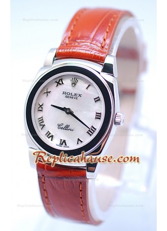 Rolex Cellini Cestello Ladies Swiss Watch Roman Pearl Face Brown Strap