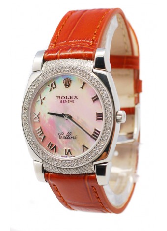 Rolex Cellini Cestello Ladies Swiss Watch White Pearl Roman Face Leather Strap Diamonds Bezel and Lugs