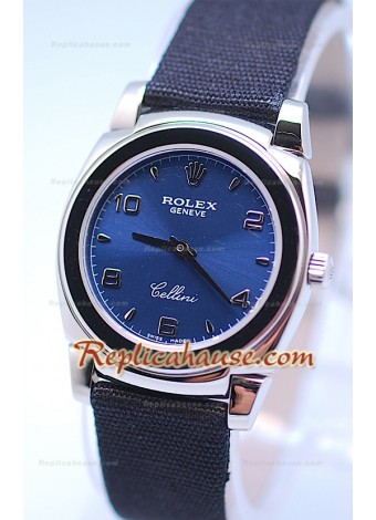Rolex Cellini Cestello Ladies Swiss Watch Blue Silver Face Nylon Strap