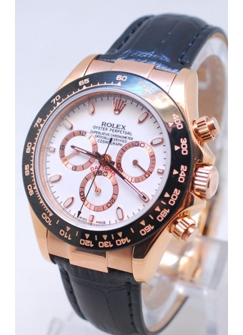 Rolex Daytona Chronograph MonoBloc Cerachrom Bezel White Face in Rose Gold Casing Black Strap