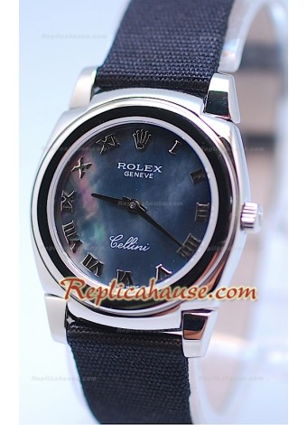 Rolex Cellini Cestello Ladies Swiss Watch Black Pearl Roman Face Nylon Strap 