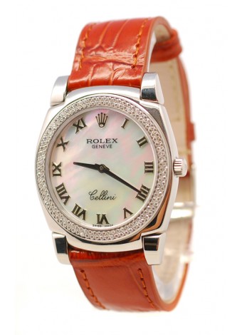 Rolex Cellini Cestello Ladies Swiss Watch White Pearl Roman Face Leather Strap Diamonds Bezel