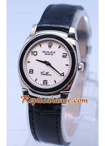 Rolex Cellini Cestello Ladies Swiss Watch White Face Leather Strap