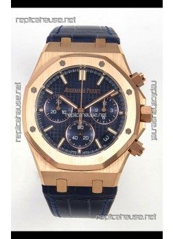Royal Oak Chrono 26240 Rose Gold Blue Dial Leather Strap Super Clone Watch 