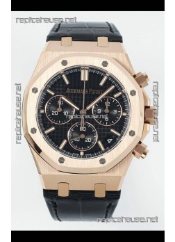 Royal Oak Chrono 26240 Rose Gold Black Dial Leather Strap Super Clone Watch 