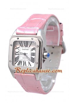 Cartier Santos 100 Ladies Replica Watch in Light Pink Strap