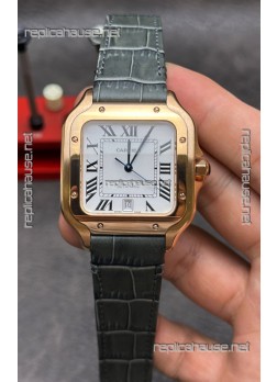 Cartier Santos De Cartier Rose Gold Grey Leather Strap Super Clone Watch 