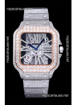 Cartier "Santos De Cartier" Skeleton moissanite Paved Super Clone Watch 