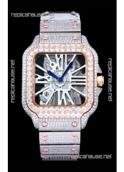 Cartier "Santos De Cartier" Skeleton moissanite Paved Super Clone Watch 