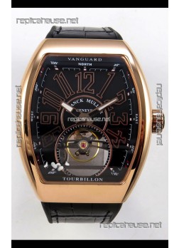 Franck Muller V45 Tourbillon Rose Gold Black Dial Brown Leather Super Clone Watch 