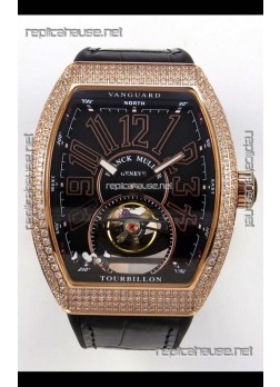Franck Muller V45 Tourbillon Rose Gold Diamonds Black Strap Super Clone Watch 
