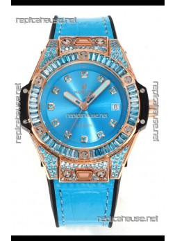 Hublot Big Bang One Click moissanite Rose Gold Super Clone Watch Blue Dial 