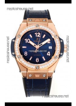 Hublot Big Bang One Click moissanite Bezel Rose Gold Super Clone Watch Blue Dial