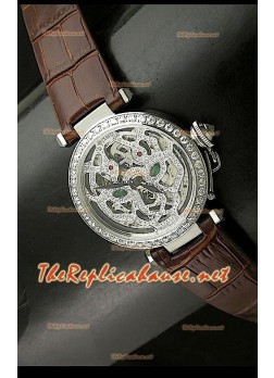 Cartier Pasha Ladies Skeleton Dial Watch in Brown Strap