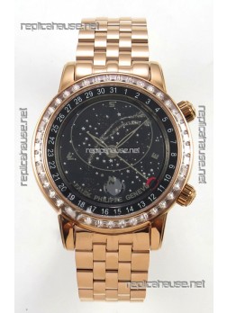 Patek Philippe Grand Complications 6102 Black Dial Rose Gold Strap Super Clone Watch 