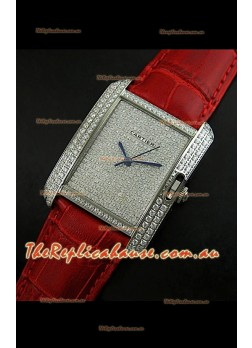 Cartier Tank Anglaise Ladies Replica Watch in Steel/Red Strap