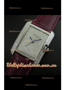 Cartier Tank Anglaise Ladies Replica Watch in Steel/Maroon Strap