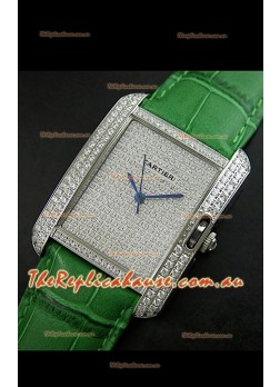 Cartier Tank Anglaise Ladies Replica Watch in Steel/Green Strap