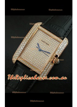 Cartier Tank Anglaise Ladies Replica Watch in Gold Case/Black Strap