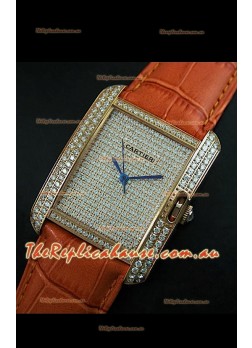 Cartier Tank Anglaise Ladies Replica Watch in Gold Case/Brown Strap