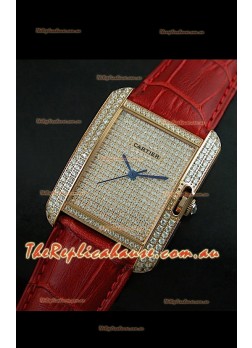 Cartier Tank Anglaise Ladies Replica Watch in Gold Case/Red Strap