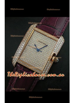 Cartier Tank Anglaise Ladies Replica Watch in Gold Case/Maroon Strap