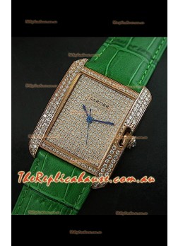 Cartier Tank Anglaise Ladies Replica Watch in Gold Case/Green Strap