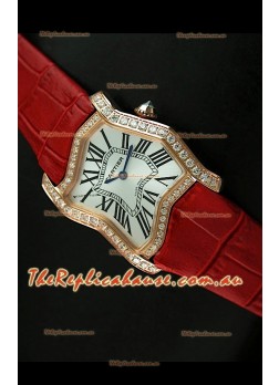 Cartier Tank Folle Ladies Replica Watch in Yellow Gold Case/Red Strap
