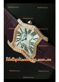 Cartier Tank Folle Ladies Replica Watch in Yellow Gold Case/Maroon Strap