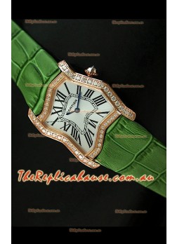 Cartier Tank Folle Ladies Replica Watch in Yellow Gold Case/Green Strap