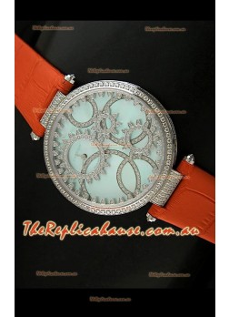 Cartier Replica Watch with Diamonds Embedded Dial Bezel in Steel Case/Orange Strap