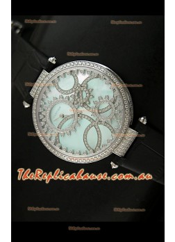 Cartier Replica Watch with Diamonds Embedded Dial Bezel in Steel Case/Black Strap