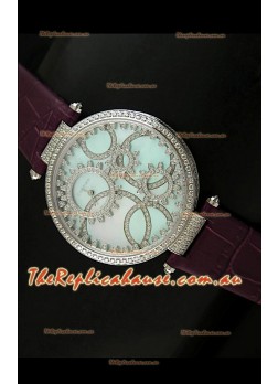 Cartier Replica Watch with Diamonds Embedded Dial Bezel in Steel Case/Maroon Strap