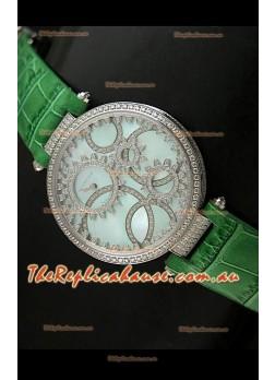 Cartier Replica Watch with Diamonds Embedded Dial Bezel in Steel Case/Green Strap