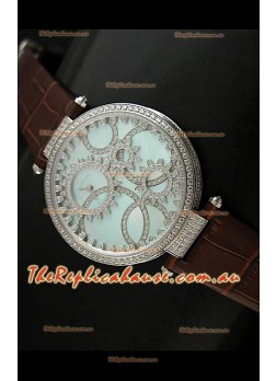 Cartier Replica Watch with Diamonds Embedded Dial Bezel in Steel Case/Brown Strap
