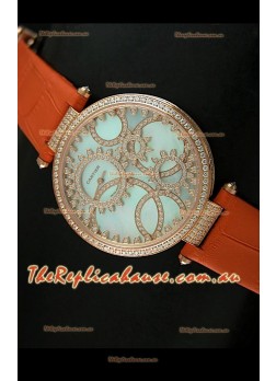 Cartier Replica Watch with Diamonds Embedded Dial Bezel in Gold Case/Orange Strap