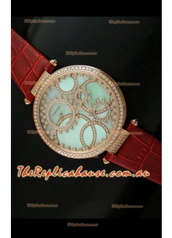 Cartier Replica Watch with Diamonds Embedded Dial Bezel in Gold Case/Brown Strap